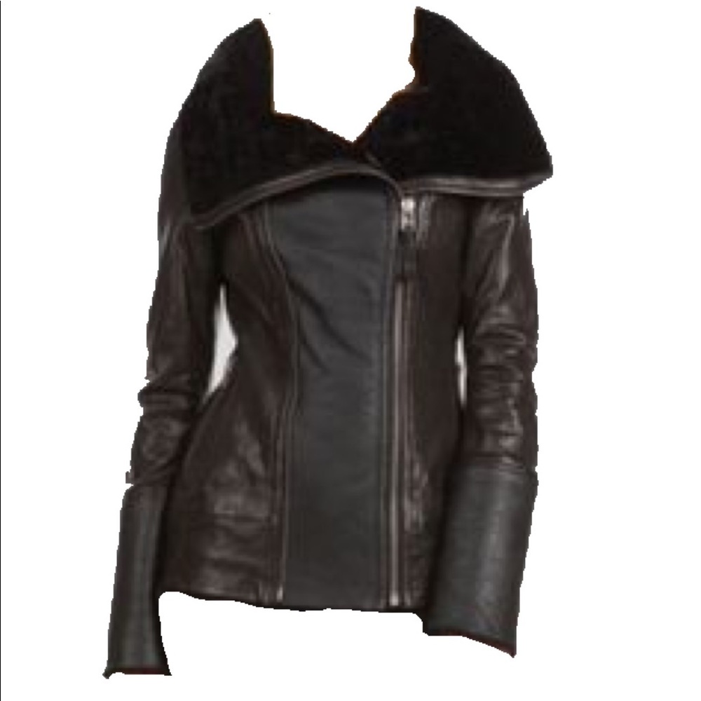 Mackage leather jacket with lambs wool trim, sz L